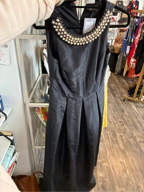 Chaya Sleeveless Black Midi Dress with Pearl-Cluster Neckline